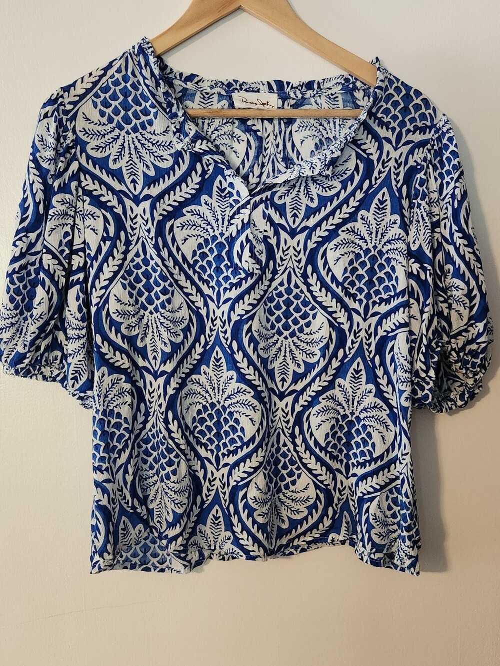 Panama Jack Blue and White Printed Short Sleeve Blouse